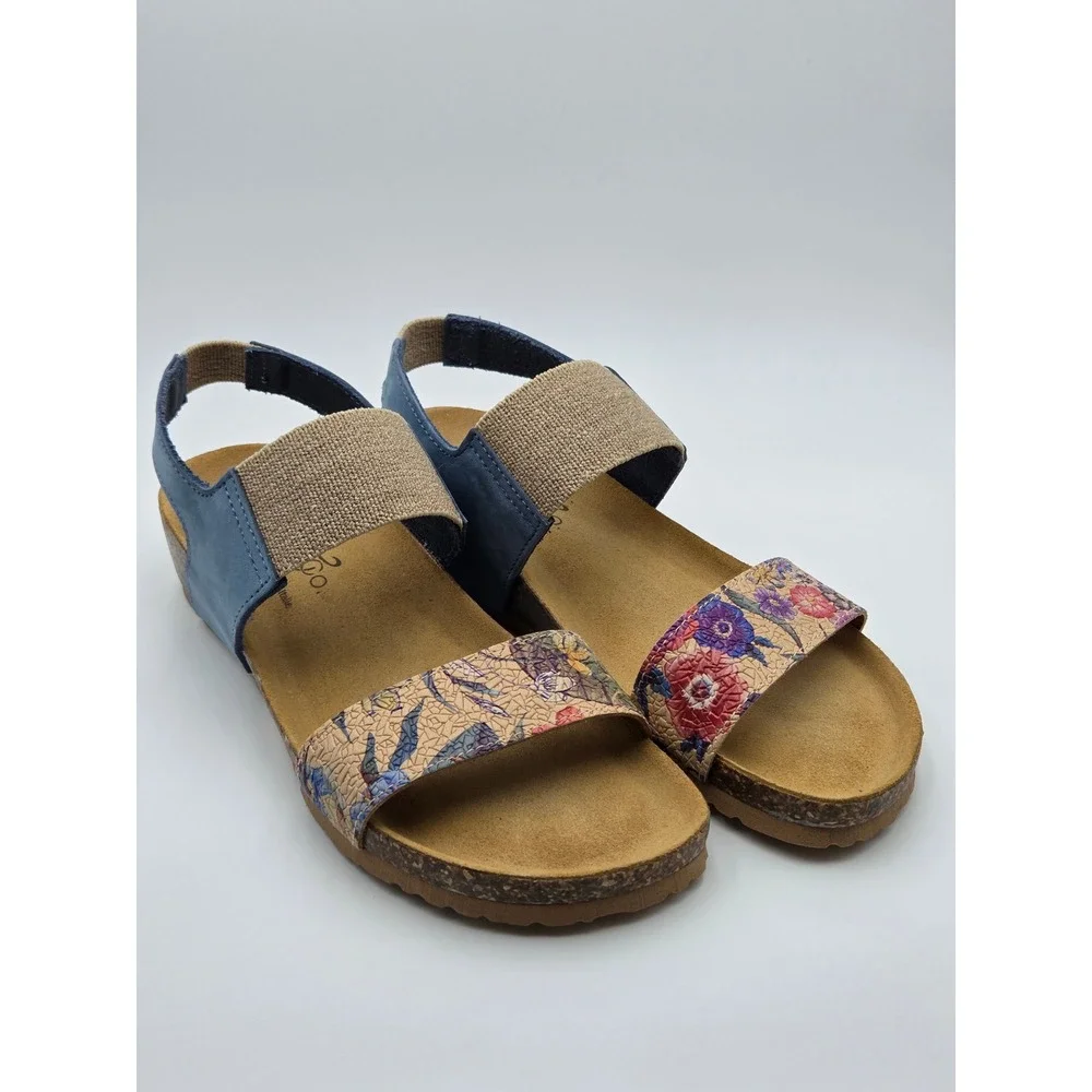 Bos & Co. Womens Blue Floral Cork Wedge Sandals Made in Italy Size 39/8